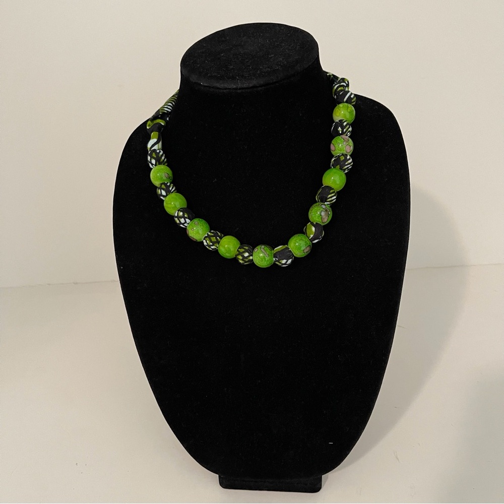Green and Black Multicolor African Print Ankara Cotton Beaded Necklace